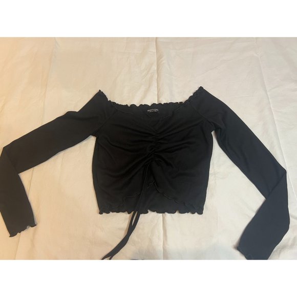 Nasty Gal Collection Women Cropped Top Ruched Ribbed Long Sleeve Black Size 4 - Picture 2 of 4
